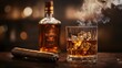 © Ziyan - A bottle and a glass of whiskey with ice and a steaming Cuban cigar