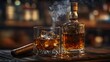 © Ziyan - A bottle and a glass of whiskey with ice and a steaming Cuban cigar