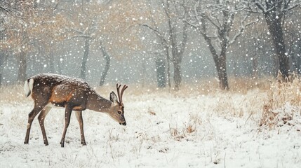 Wall Mural - A lone deer walks through a snowy forest during a snowfall