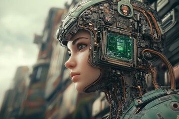 Sticker - Engram mapping synaptic plasticity AI cortex synaptogenesis and artificial neuron cybernetic woman in a futuristic landscape with integrated circuits and neural implants