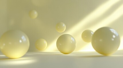 Canvas Print -   A cluster of white spheres rests on a white surface beside a white backdrop with beams of sunlight illuminating them