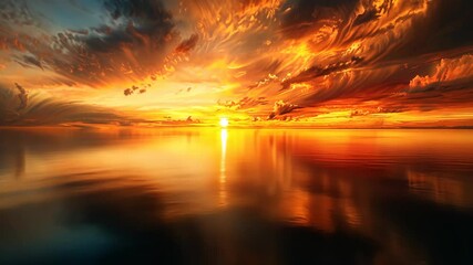 Wall Mural - Stunning sunset over calm ocean waters with vibrant colors reflecting on the surface at twilight