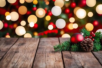 Christmas Bokeh Lights on Wooden Table Background