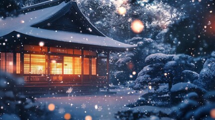 Poster - A Snowy Japanese House with Warmly Lit Windows