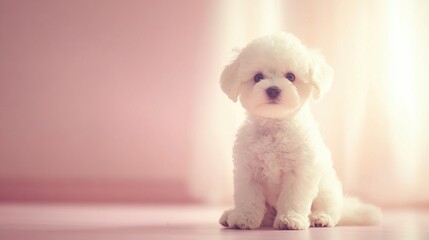 Poster -   A small white dog rests atop a pristine white floor alongside a window adorned with a vibrant pink curtain