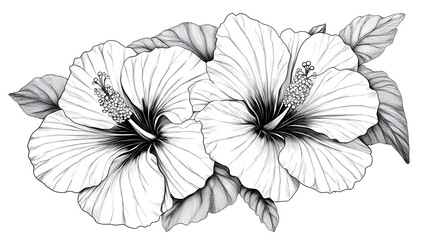 Poster - Hibiscus flower outline illustration, Freehand sketching flower, Black and white with line art illustration.
