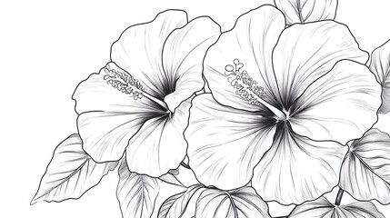 Hibiscus flower outline illustration, Freehand sketching flower, Black and white with line art illustration.
