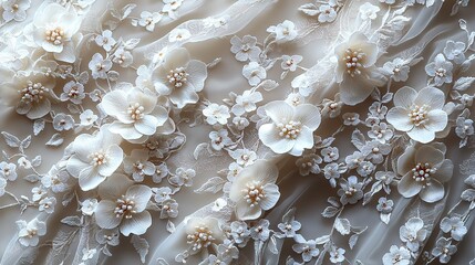   Close-up of a wedding dress with white flowers and pearls at the base, and white flowers adorning the hem