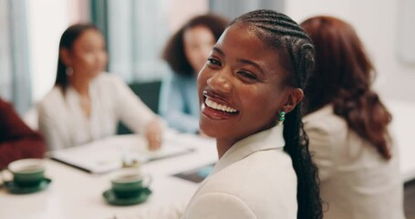 Poster - Face, smile or woman in meeting for discussion, funding or budget review for business or teamwork. Portrait, happy or corporate with finance information or smile for project capital or development