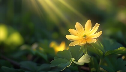 In a green natural environment, a clear yellow flower shines in the sun, surrounded by rich leaves.