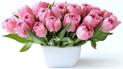 Canvas Print -   A white vase holds a pink tulip bouquet against a green stem and white backdrop