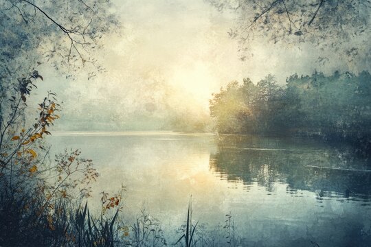 a tranquil misty morning landscape with a still lake and sunlight filtering through trees
