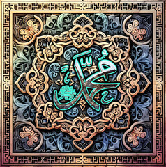 Wall Mural - Prophet Muhammad Arabic letter icon logo with islamic ornamental background, celebration for prophet Mohammed birthday greetings