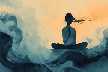 Wall Mural - Silhouette of a Woman Meditating on a Swirling Abstract Background