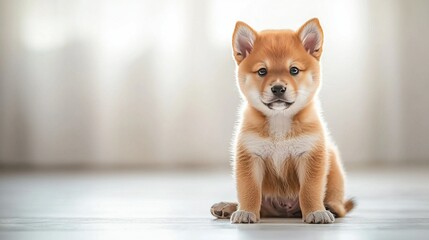 Wall Mural -   A dog sitting on a wooden floor in front of a curtain