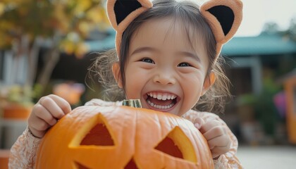 Joyful asian girl in cat ear headbands smiling with a playful carved pumpkin in her hands