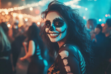 Wall Mural - A young woman dressed up as a skeleton at a Halloween party