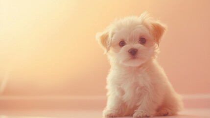 Sticker -   A white dog perched on a white floor with a pink backdrop