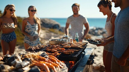 Friends Enjoying a Beachside Seafood BBQ with Grilled Prawns