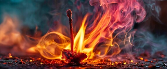 Wall Mural - A single matchstick bursts into vivid, swirling flames, set against a dark background. The intense colors and dynamic movement of the fire create a striking visual, perfect for themes of energy