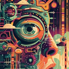 Poster - Abstract digital art of a human face with a circuit board eye, cyberpunk, AI, technology