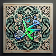 Wall Mural - Prophet Muhammad Arabic letter icon logo with islamic ornamental background, celebration for prophet Mohammed birthday greetings