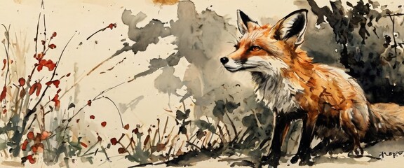 Wall Mural - A captivating watercolor illustration of a fox in its natural habitat, surrounded by foliage and an autumnal backdrop. The fox's vivid colors and lifelike expression create a sense of curiosity and