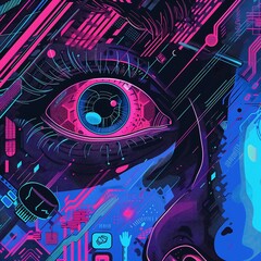 Canvas Print - Cyberpunk eye with neon and digital elements. Abstract art for technology, future, and AI.