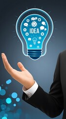 Hand holding lightbulb icon with various symbols on blue background, representing ideas and innovation (20)