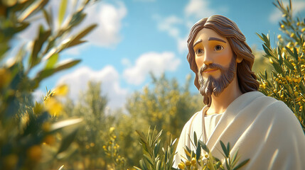 3d cartoon illustration of calm, peaceful, slightly smiling Jesus Christ against the background of an olive grove, Christianity, religion, God, lord, Catholicism, Orthodoxy, faith, believe, man