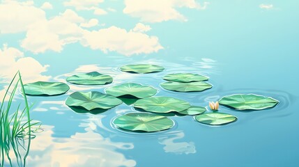 Wall Mural - Tranquil Pond with Water Lilies and Clouds.