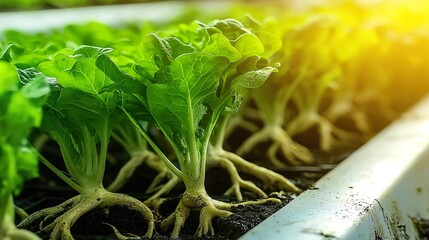 close-up of fresh green lettuce seedlings growing in a tray.