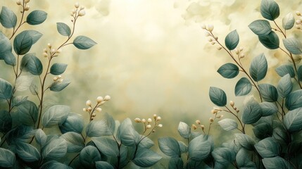 A serene illustration of lush green leaves and soft background hues.