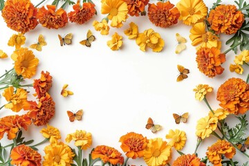 Wall Mural - Dia de los muertos marigold and butterfly frame with copy space. AI