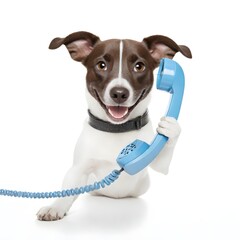 Wall Mural - A dog with perky ears holding a blue telephone receiver in its mouth, looking directly at the camera with a happy expression