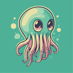 Sticker - Cartoon Octopus with Large Eyes and Colorful Tentacles