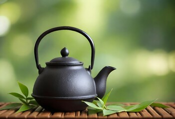 Wall Mural - A cast iron teapot with a leaf on a bamboo mat in a blurred green natural background