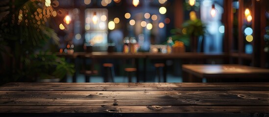 Wall Mural - mock up for space empty dark wooden table in front of abstract blurred bokeh background of restauran