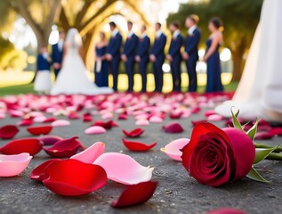 Pink rose petal confetti scattered on the ground at a wedding, symbolizing romance and celebration (22)