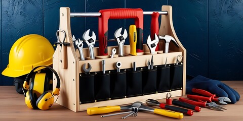 Safety Gear and Toolbox with Assorted Hand Tools on Wooden Surface in Workshop Setting (1)