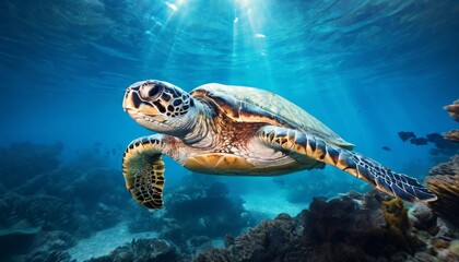 Wall Mural - Stunning image of a sea turtle gliding through crystal clear blue waters. The serene underwater scene highlights the beauty and tranquility of marine life, making it perfect for ocean and wildlife