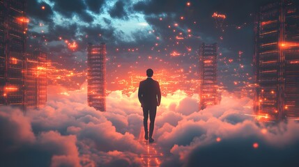 A businessman walking on a path of clouds, surrounded by towering cloud data servers and glowing network cables