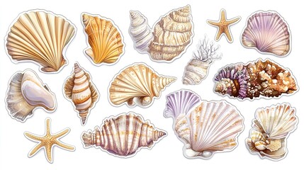 Wall Mural - Seashell stickers set: spiral shells, vibrant patterns, white background.