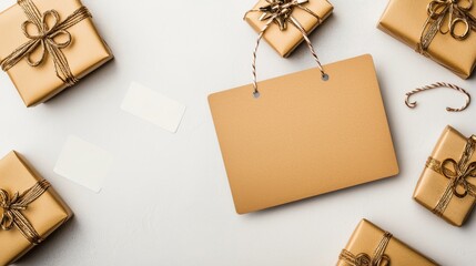 Wall Mural - Gold Gift Boxes and Blank Card on White Background