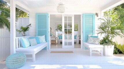 Sticker - Tropical Patio with White Benches  Blue Shutters and Whitewashed Wood Flooring