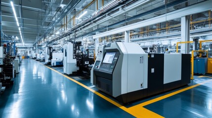 Modern factory interior with industrial machinery and equipment.