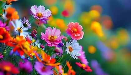 Wall Mural - Colorful flowers gather together to form a beautiful natural landscape with a blurred background, highlighting the brightness and vividness of the flowers.