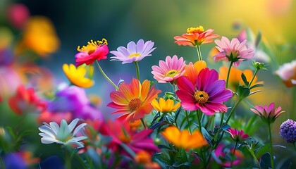 Wall Mural - Colorful flowers gather together to form a beautiful natural landscape with a blurred background, highlighting the brightness and vividness of the flowers.