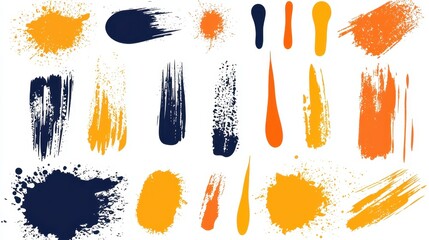 Poster - Orange and Blue Paint Splatter and Brush Strokes Isolated on White Background