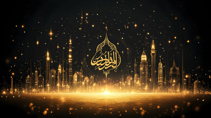 Wall Mural - Golden Cityscape Illustration with Arabic Calligraphy on a Dark Background